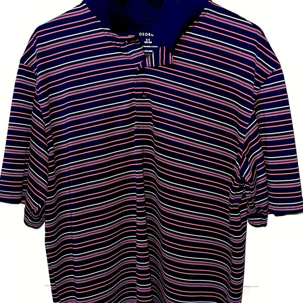 Purple striped George polo shirt. Tag lists size as L 42-44.